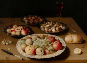 Osias Beert I - Still Life on a Wooden Table with Fruits, Nuts, and a Loaf of Bread, about 1610