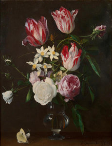 Daniël Seghers - Roses, Tulips, and Narcissi in a Glass Vase, about 1630–40