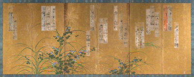 Inoue Tsūjo - Folding Screen with flowers and poetry cards, 1659-1737