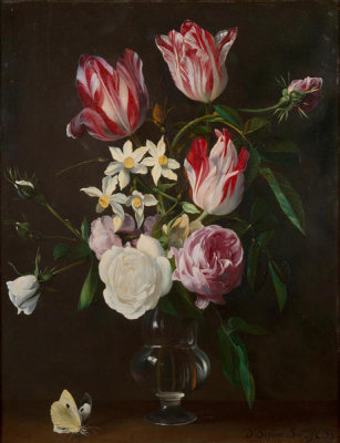 Daniël Seghers - Roses, Tulips, and Narcissi in a Glass Vase, about 1630–40